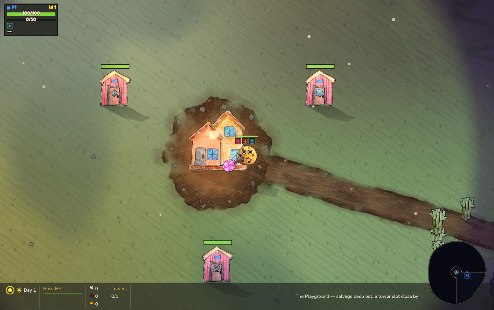 Day 1. The house, three sheds, and a path heading somewhere.